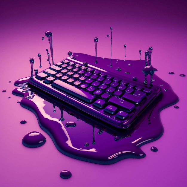 A keyboard on a purple background drowning in a puddle of slime Generated AI