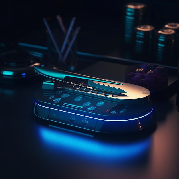 a keyboard with a blue light on it that says'keyboard '