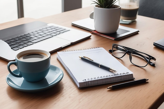 Keyboard with glasses near stationary and coffee cup on table