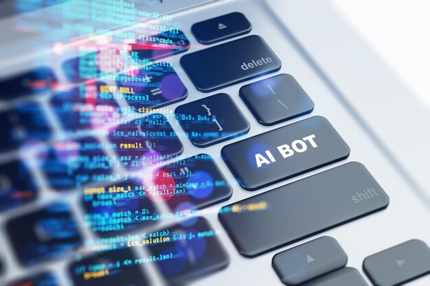 keyboard with highlighted ai bot key and holographic programming code on a light background cyber technology concept 3d rendering