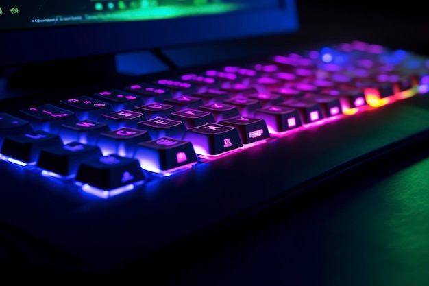 A keyboard with a purple light and a blue light