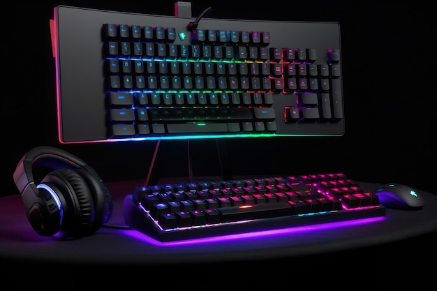 A keyboard with purple neon light and a headset on dark background