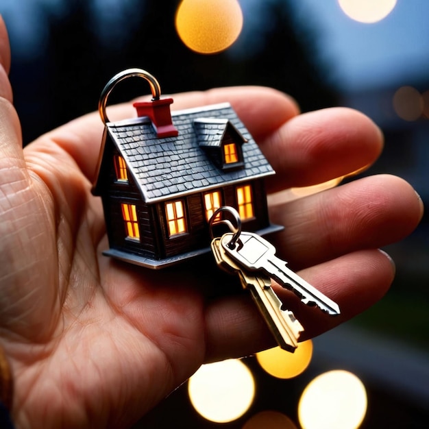 Photo keychain in the shape of a house showing home property ownership