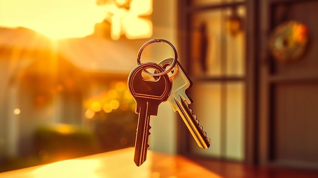 Keychain with keys on blurred background closeup buying house concept