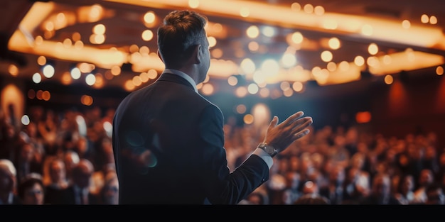 Photo keynote speaker addressing the audience at a conference