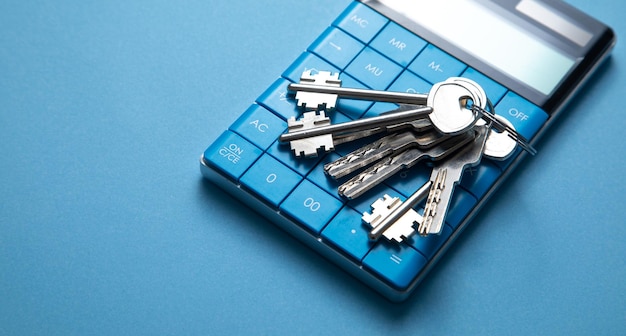Keys on calculator on the blue background