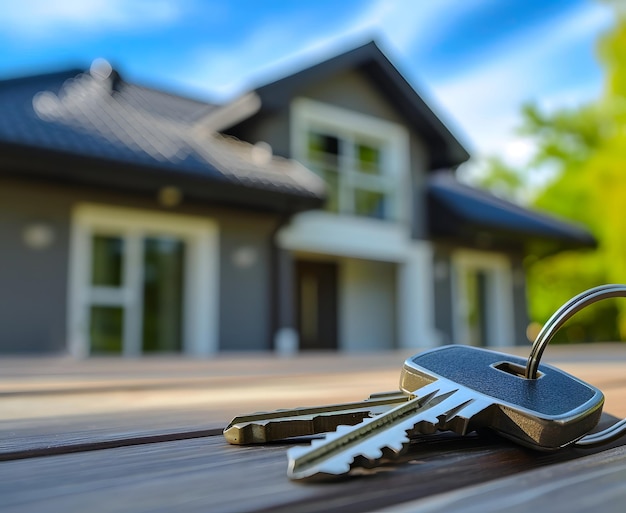 Keys in front of new house at sunny summer day