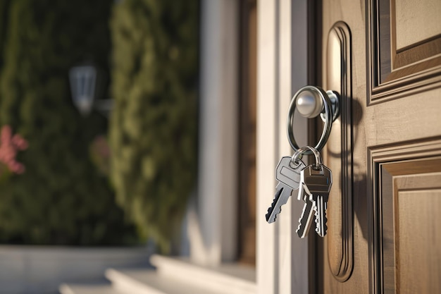 Keys hanging in a lock on a wooden door with a blurred background sale and rent of housing