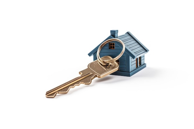 Keys and keychain with a house on white background place for text mortgage buying a new house