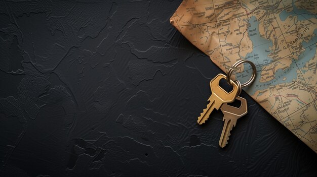 Photo keys over map on textured surface