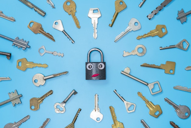 Keys set with funny lock concept, blue background