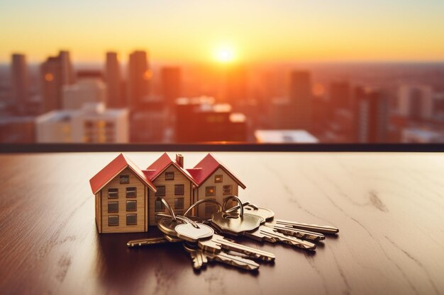 Photo keys on the table in new apartment or hotel room