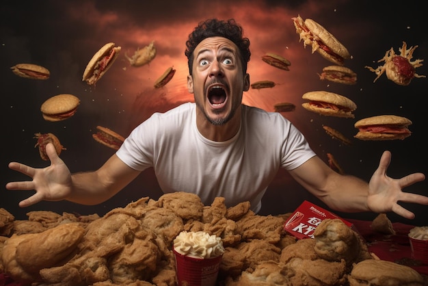 kfc vuile vogel die veel kip eet en kfc-producten die er nogal grote buik uitzien