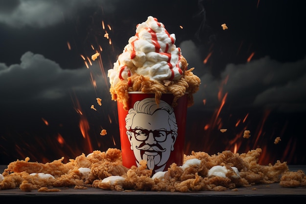 kfc vuile vogel die veel kip eet en kfc-producten die er nogal grote buik uitzien