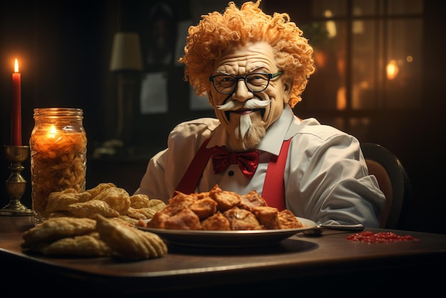 kfc vuile vogel die veel kip eet en kfc-producten die er nogal grote buik uitzien