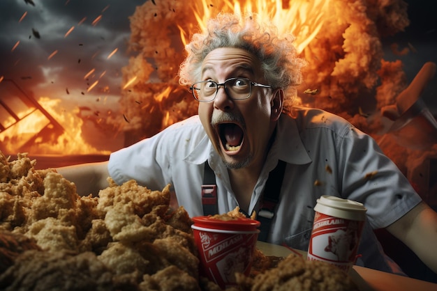 kfc vuile vogel die veel kip eet en kfc-producten die er nogal grote buik uitzien