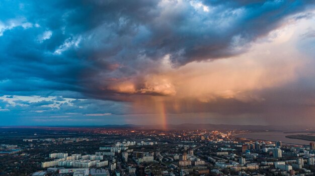 Khabarovsk city top view sunset beautiful clouds in the rain High quality photo