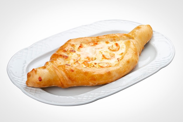 Khachapuri with shrimp and cheese On a white background