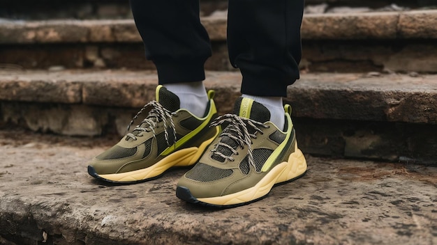 Khaki running sneakers in trendy neon light