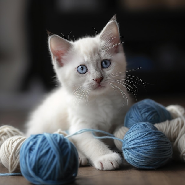 Khao Manee Kitten Playing with Ball of Yarn