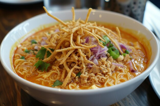 Khao Soi Creamy and spicy coconut curry soup with egg noodles often topped with crispy noodles