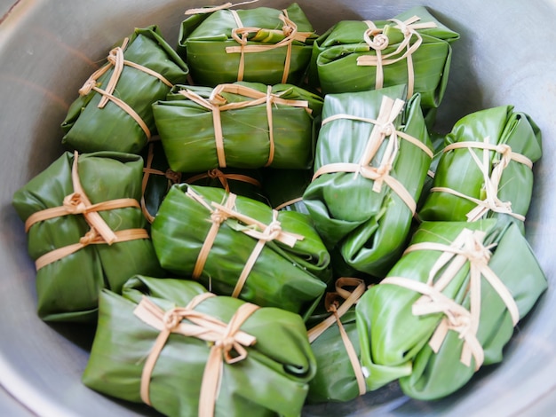 Khao Tom Mud,Banana and sticky rice Wrap the banana leaves and boil or steam