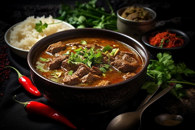 Photo kharcho beef meat soup with rice tomatoes and spices in a bowl isolated on white background