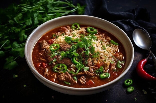 Photo kharcho beef meat soup with rice tomatoes and spices in a bowl isolated on white background