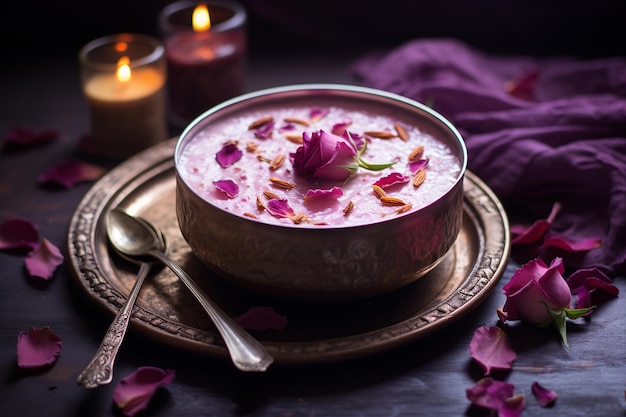 Foto kheer met saffraan, kardemom en rozenblaadjes voor een exotische touch