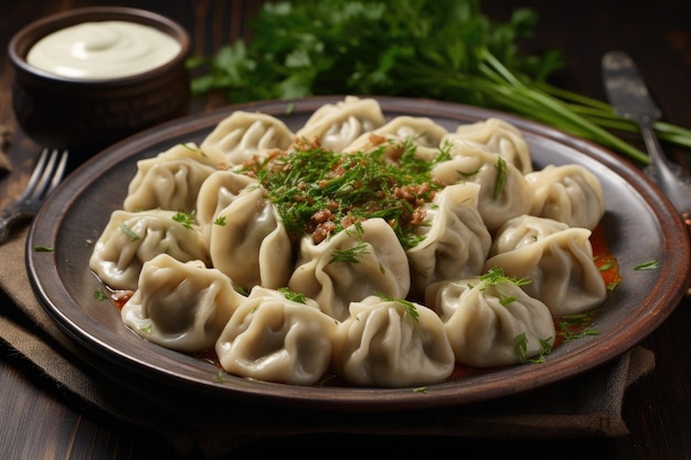 Khinkali Georgische dumplings met vlees en kruiden geserveerd op een bord