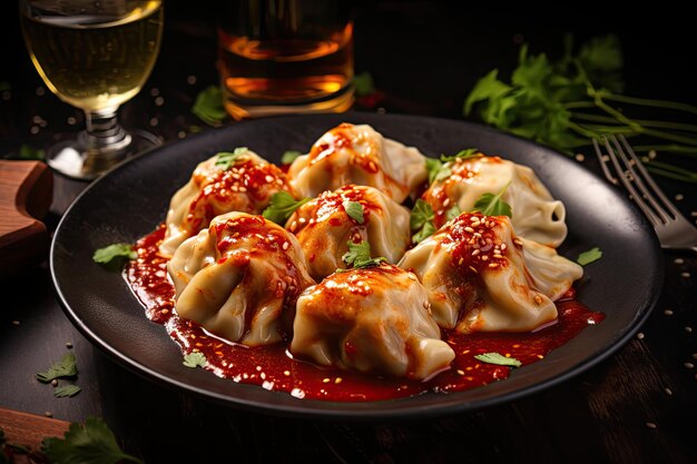 Khinkali with meat and spicy sauce accompanied by wine on a dark stone background