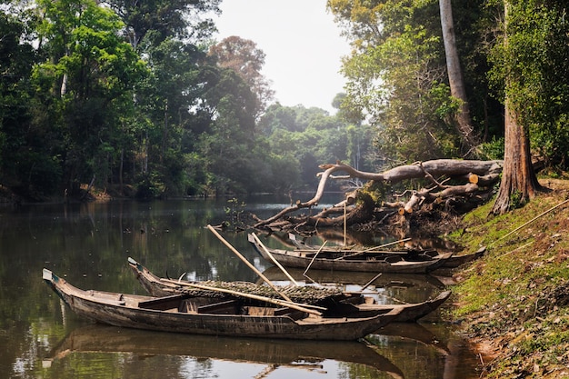 Khmer fishing boats on the river in Cambodia