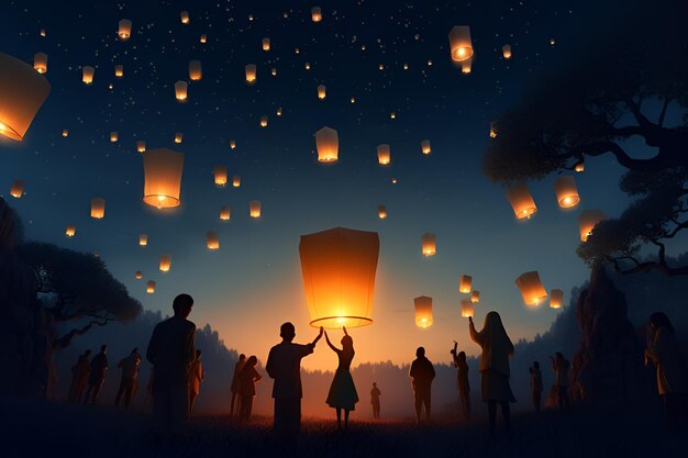 Церемония зажжения фонарей небесных фонариков Кхом Лой и Кхом Фай