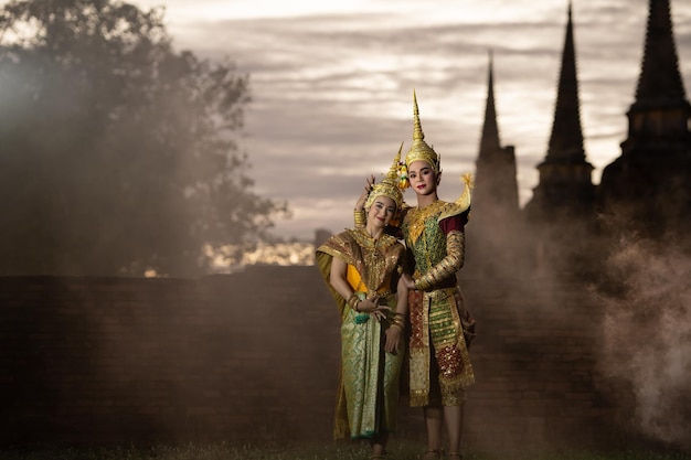 Photo khon is a classical thai dance in mask except for these two characters who werent wearing masks