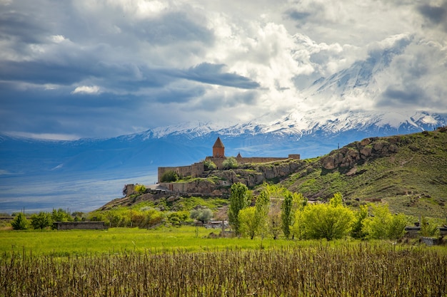 Khor Virap church in Armenia under abstract sky