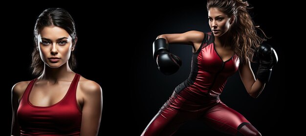 Kickboxer vrouw in activiteitskleed en rode kickboxing handschoenen op zwarte achtergrond die een martial arts kick uitvoert Sport oefening fitness workout gegenereerd met AI