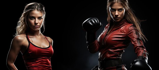 Kickboxer vrouw in activiteitskleed en rode kickboxing handschoenen op zwarte achtergrond die een martial arts kick uitvoert Sport oefening fitness workout gegenereerd met AI