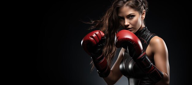 Kickboxing woman in activewear and red kickboxing gloves on black background performing a martial arts kick Sport exercise fitness workout Generated with AI