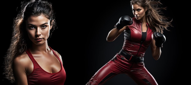 Kickboxing woman in activewear and red kickboxing gloves on black background performing a martial arts kick Sport exercise fitness workout Generated with AI