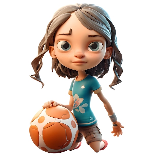 白い背景に分離された 3 D のかわいい女の子サッカー選手でそれを蹴る