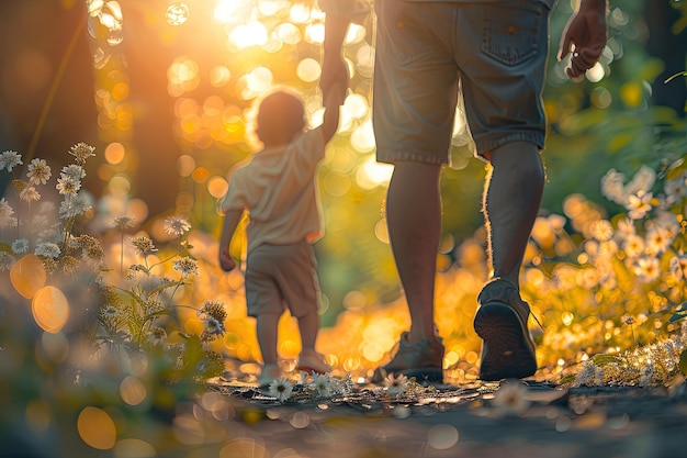 The kid accompanies his dad in the forest