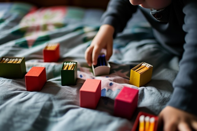 Photo kid arranging matchboxes by color on their bed