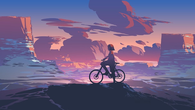 Photo kid on bicycle on a mountain looking at the evening scenery digital art style illustration paintin