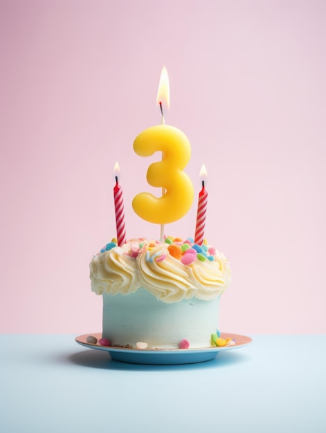 Kid birthday cake with number 3 on top isolated on a pastel background