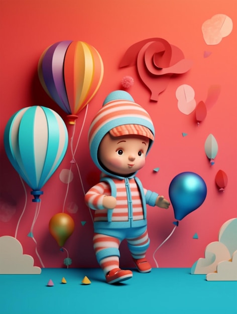 Kid birthday theme 3D background with paper cut art