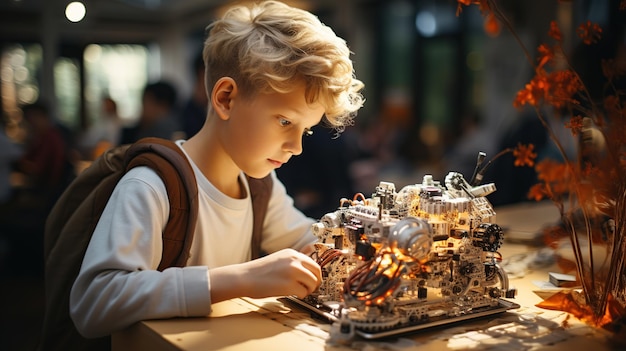 Мальчик учится программированию с помощью ноутбука для автомобиля-робота Arduino