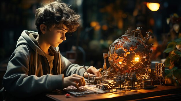 Premium Photo | Kid boy learns coding and programming with laptop for ...