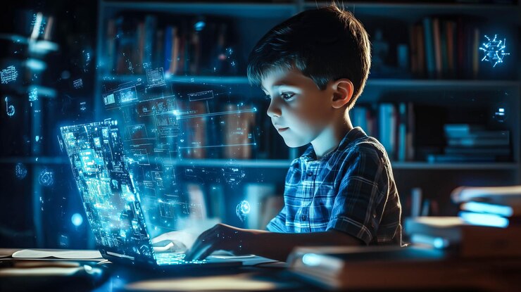 फोटो a kid boy learns online using futuristic technology generative ai