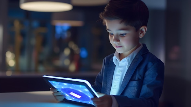 Photo kid boy participating in a virtual class the tablet in hand facilitating seamless online education