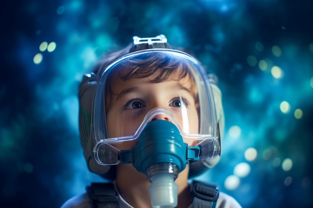 Kid boy wearing nebulizer Home mask Generate Ai